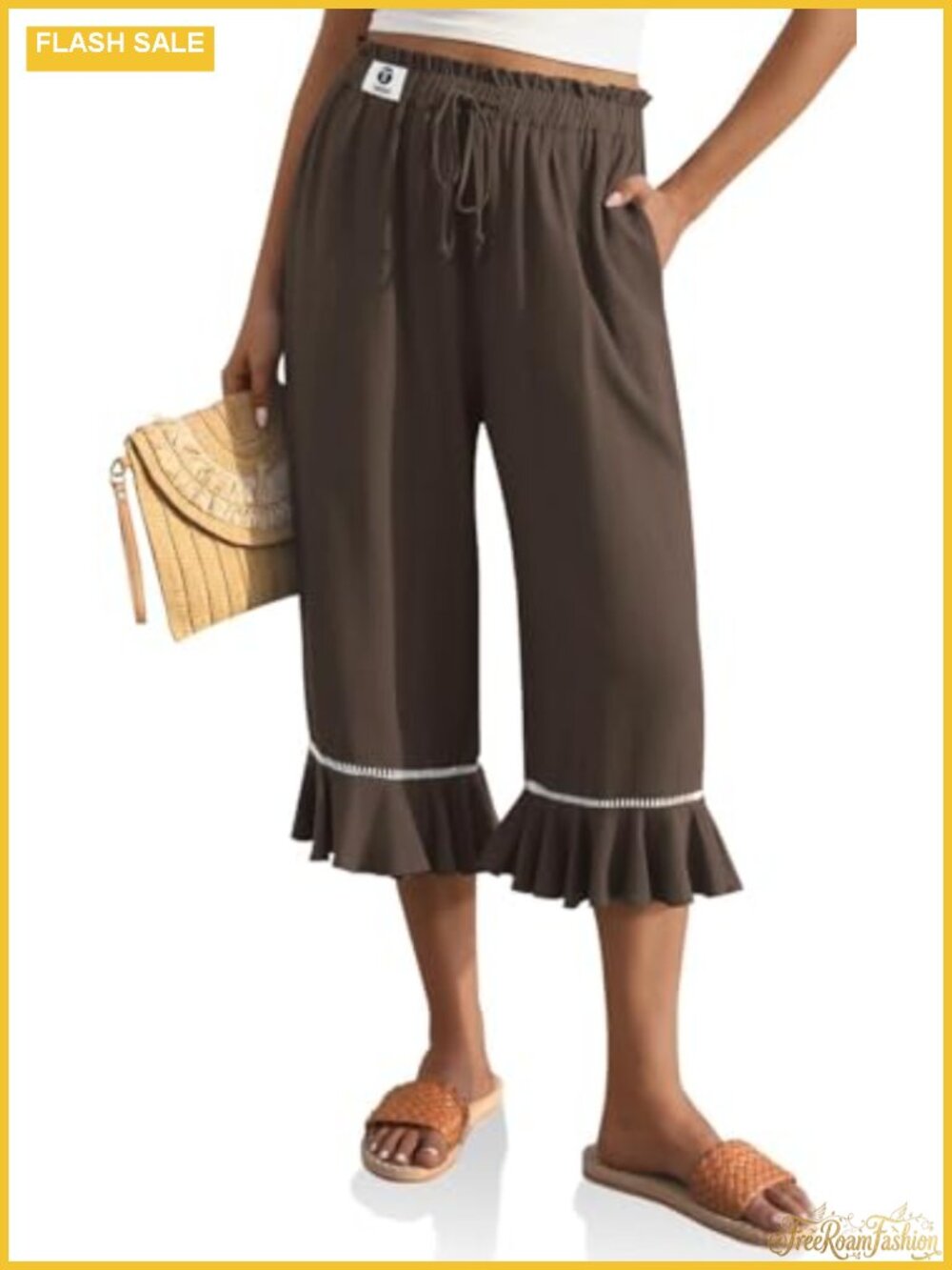 Womens Linen Blend Wide Leg Ruffle Capri Pants with Pockets